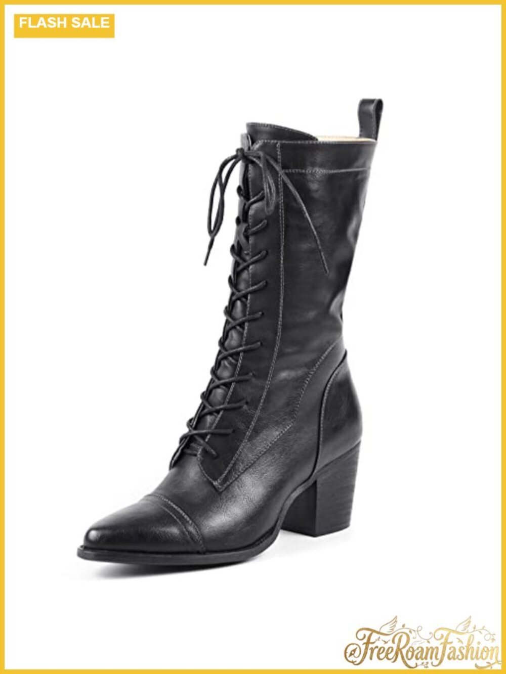 Women's Mid Calf Combat Boots PU Leather Faux Fur Lining Lace Up Side Zipper